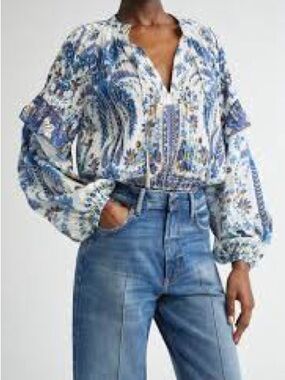 FARM Rio Blue & White Paisley V-Neck Peasant Blouse